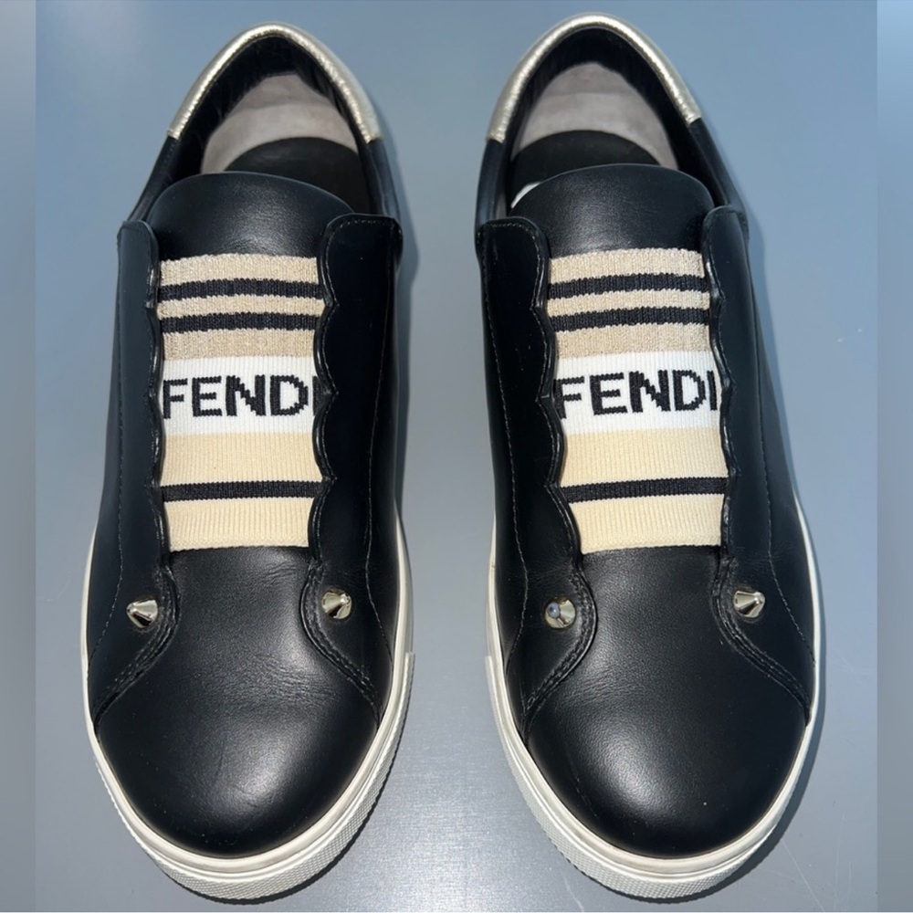 Fendi Women’s Black Leather Sneakers with Cream Stripe
